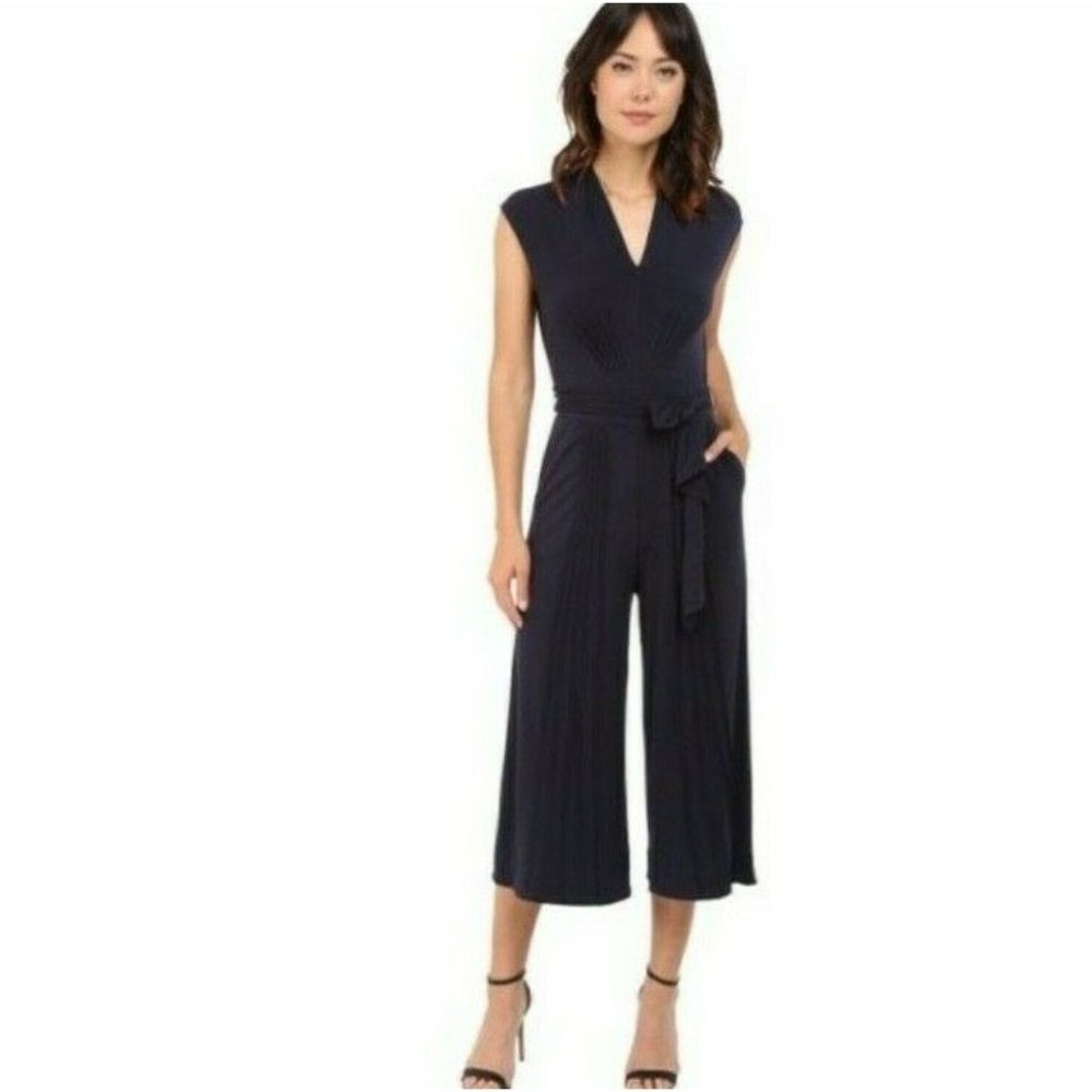Catherine Malandrino Jumpsuit Cropped Sleeveless V-Neck Tie Waist Navy 6 New